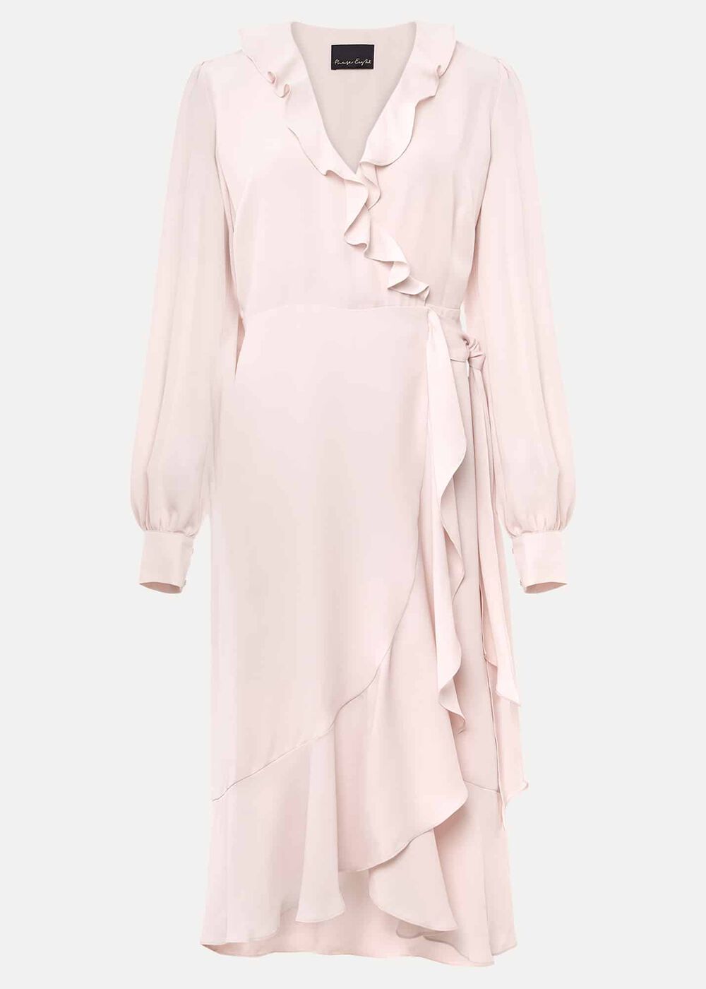 Chic Light Pink Ruffle Midi Dress with Tie Waist - Soft Rose