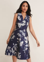 Petite Cassy Jaquard Floral Midi Dress - Navy/Multi