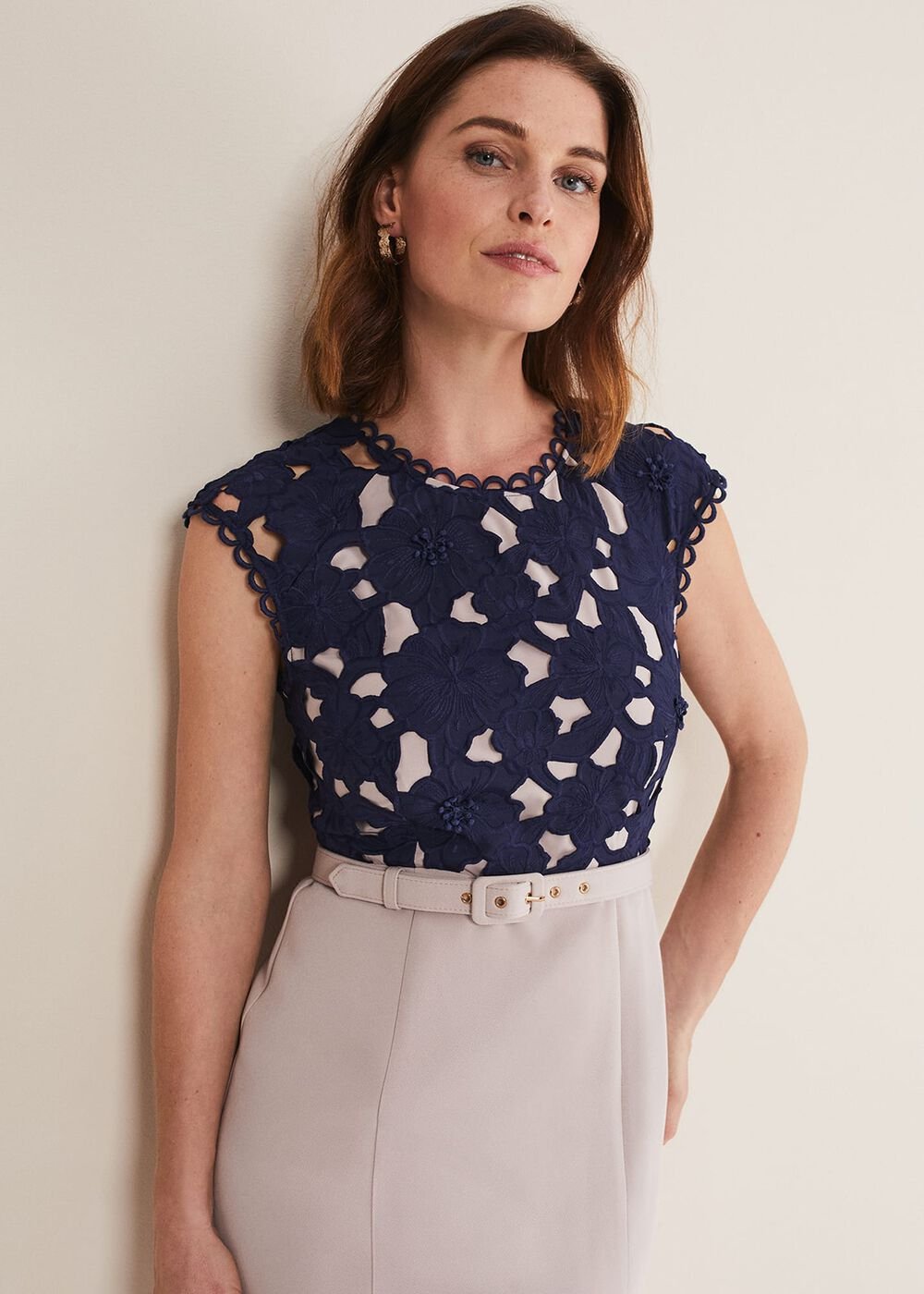 Zita Lace Sleeveless Dress - Latte/Navy