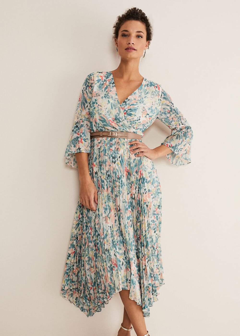 Floral Print Pleated Midi Wrap Dress with Belt - Multi-Coloured
