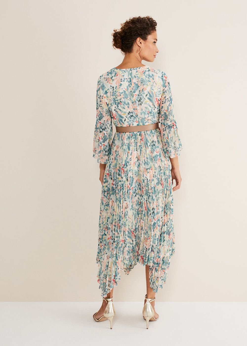 Floral Print Pleated Midi Wrap Dress with Belt - Multi-Coloured