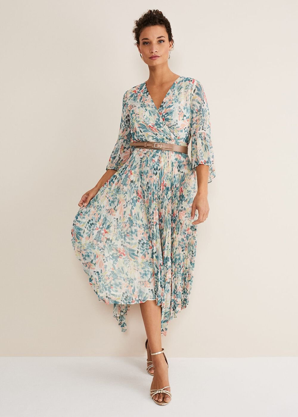 Floral Print Pleated Midi Wrap Dress with Belt - Multi-Coloured