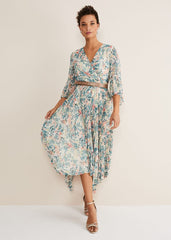 Floral Print Pleated Midi Wrap Dress with Belt - Multi-Coloured