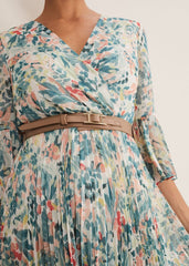 Floral Print Pleated Midi Wrap Dress with Belt - Multi-Coloured