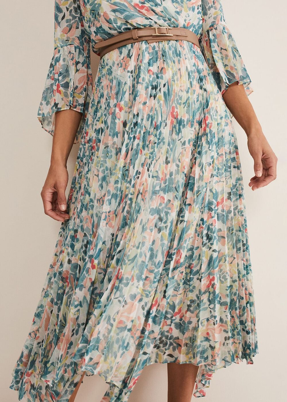 Floral Print Pleated Midi Wrap Dress with Belt - Multi-Coloured