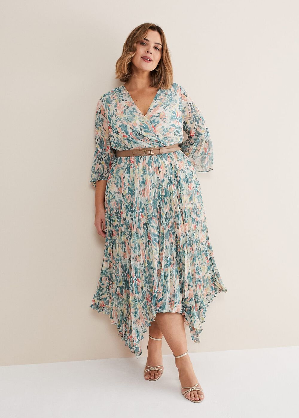 Floral Print Pleated Midi Wrap Dress with Belt - Multi-Coloured