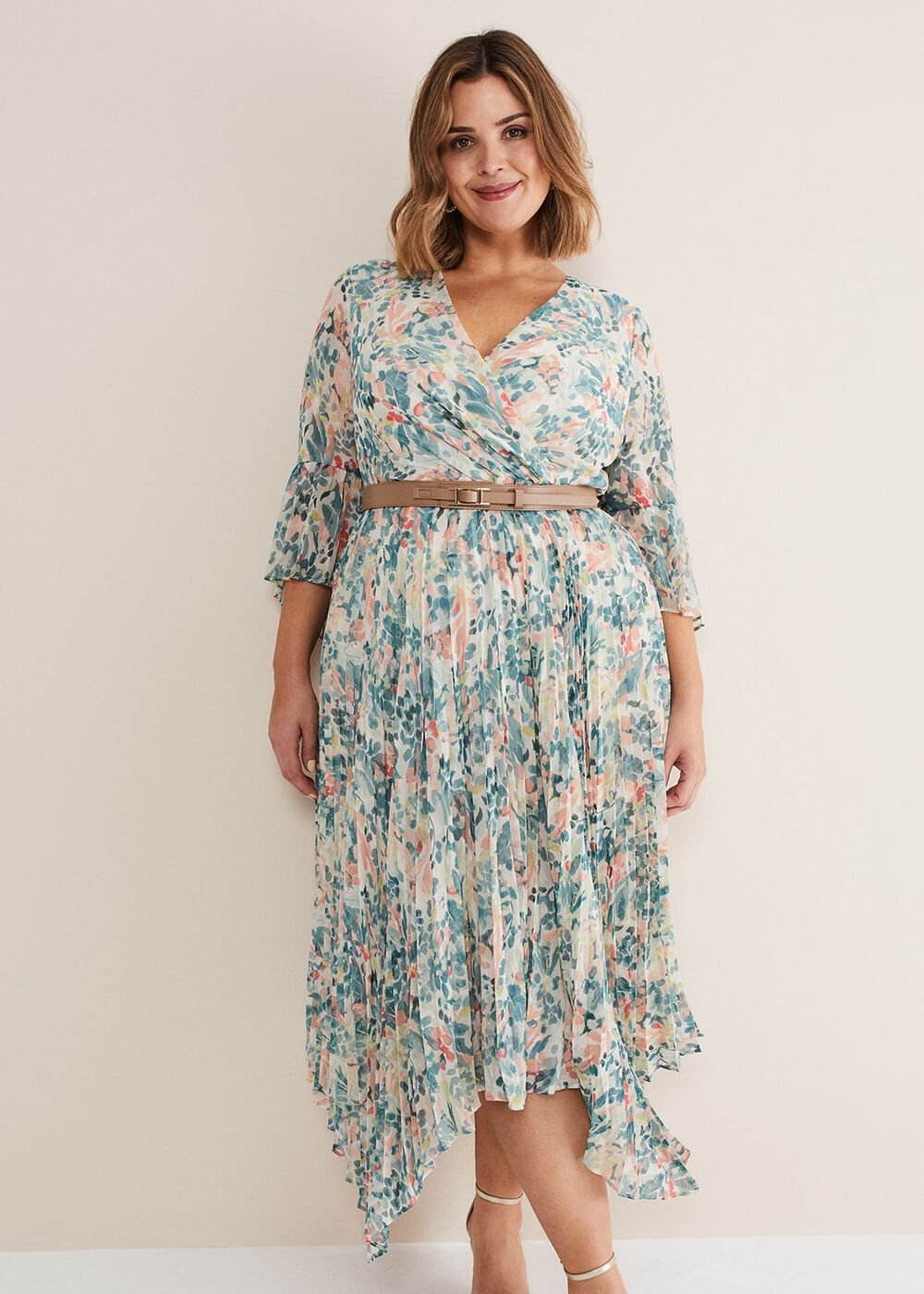 Floral Print Pleated Midi Wrap Dress with Belt - Multi-Coloured