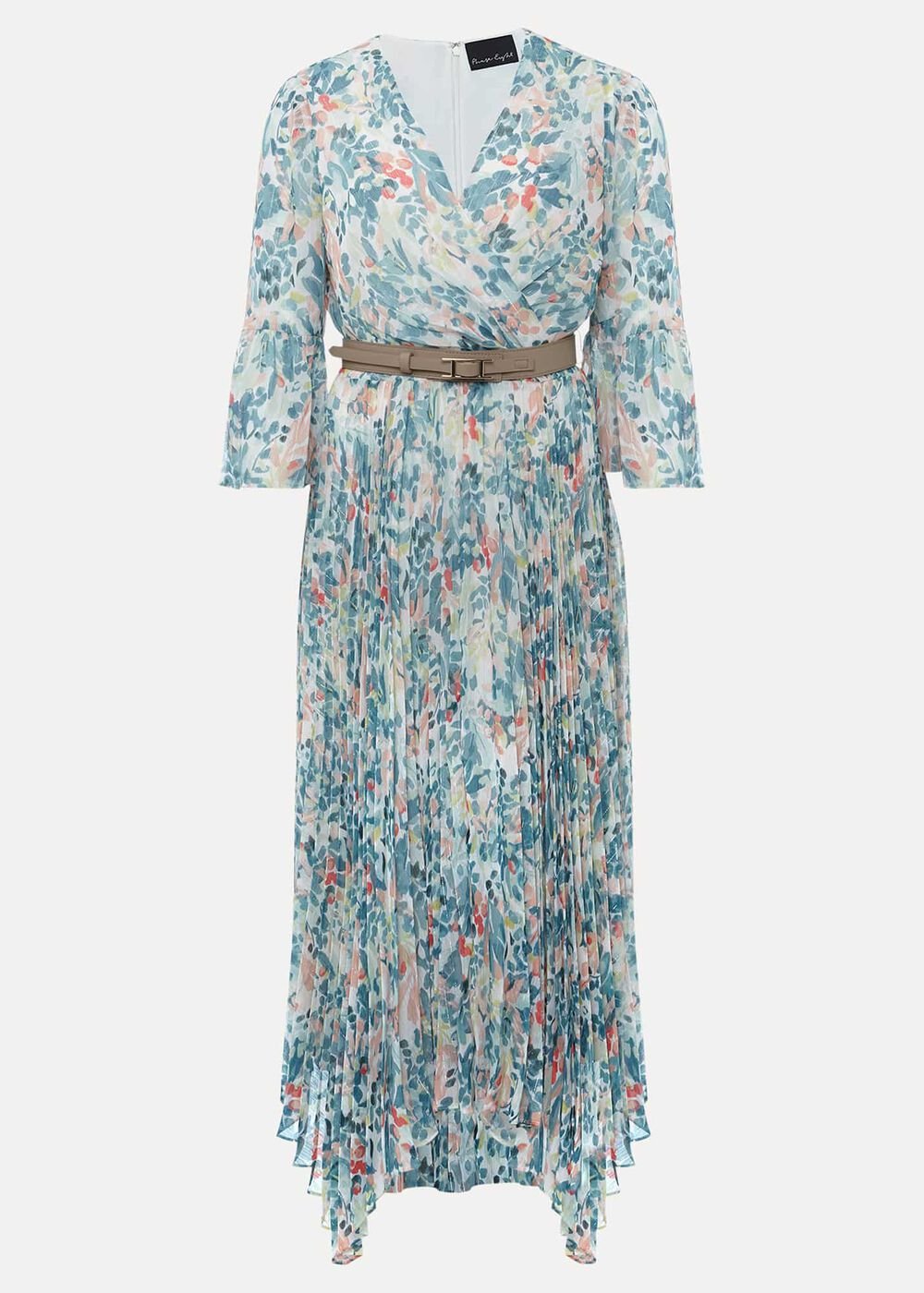 Floral Print Pleated Midi Wrap Dress with Belt - Multi-Coloured
