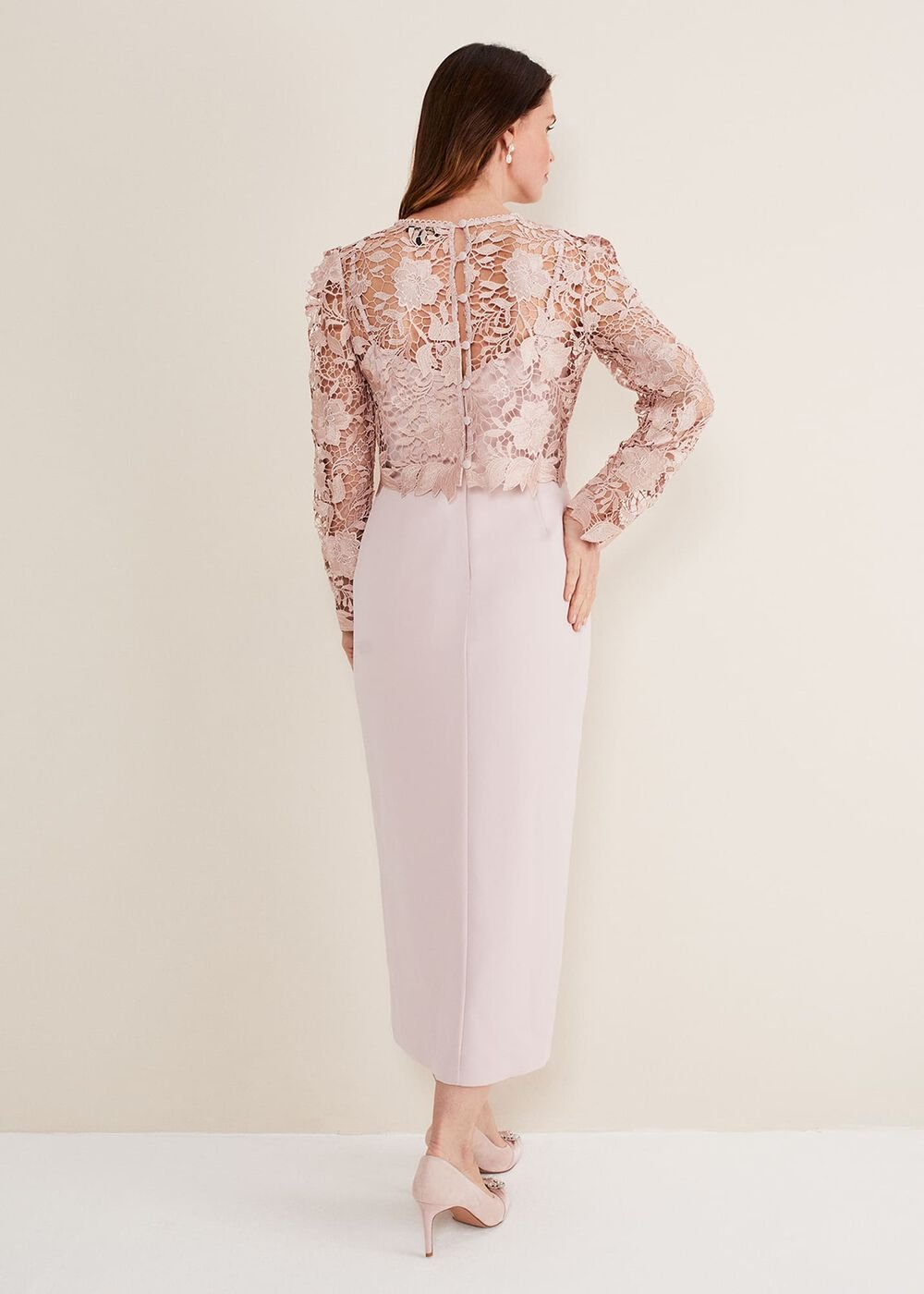 Light Pink Lace Bodice Midi Dress - Antique Rose
