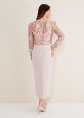 Light Pink Lace Bodice Midi Dress - Antique Rose