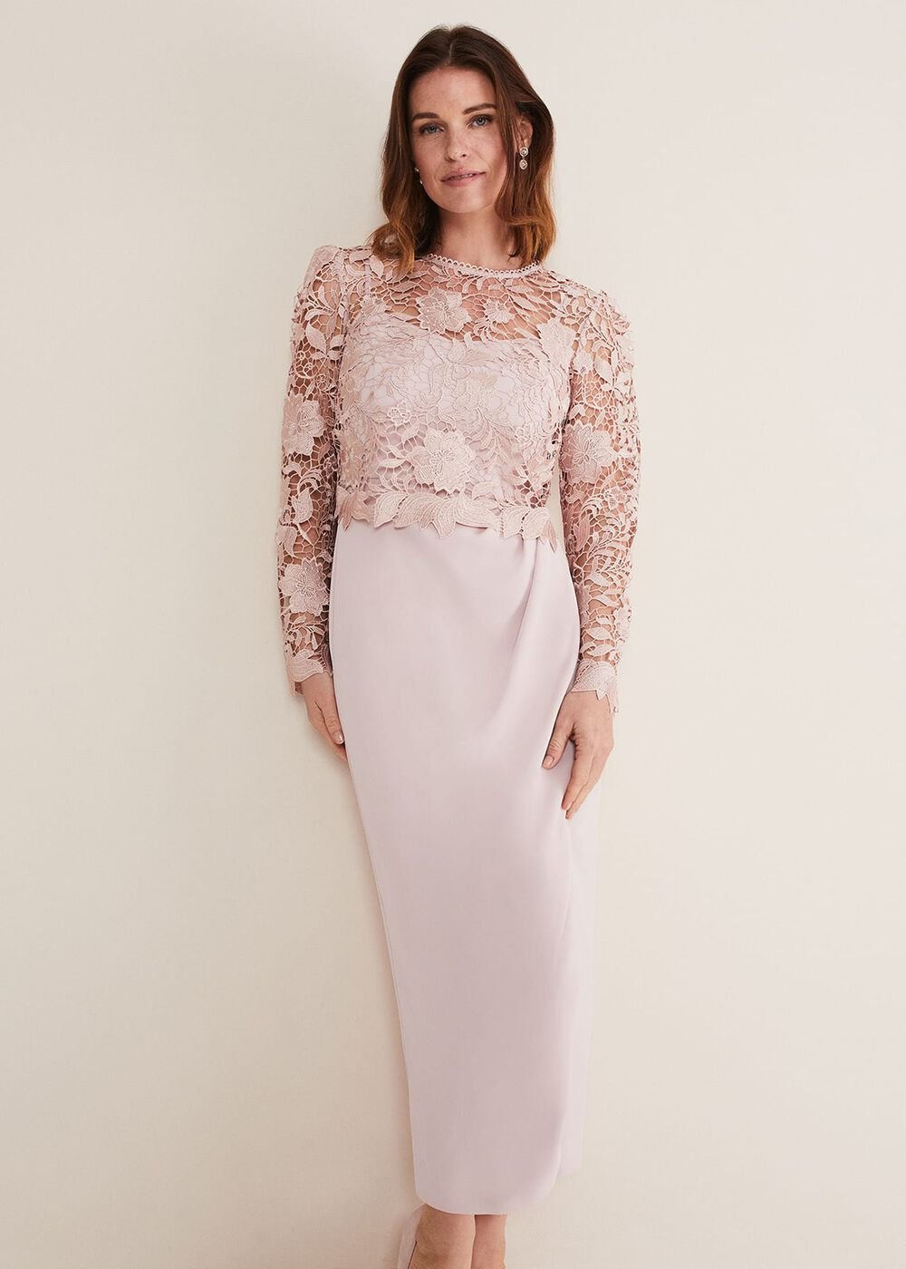 Light Pink Lace Bodice Midi Dress - Antique Rose