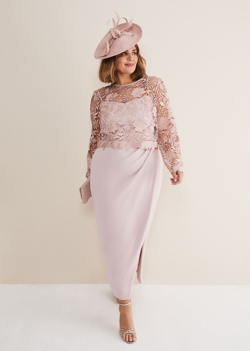 Light Pink Lace Bodice Midi Dress - Antique Rose