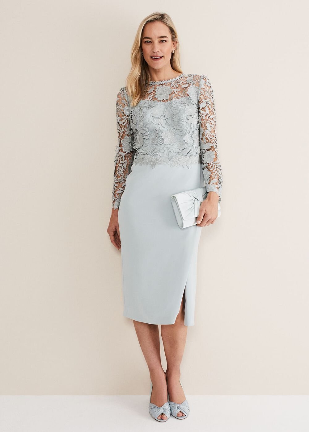 Light Blue Lace Overlay Pencil Dress - Eau De Nil