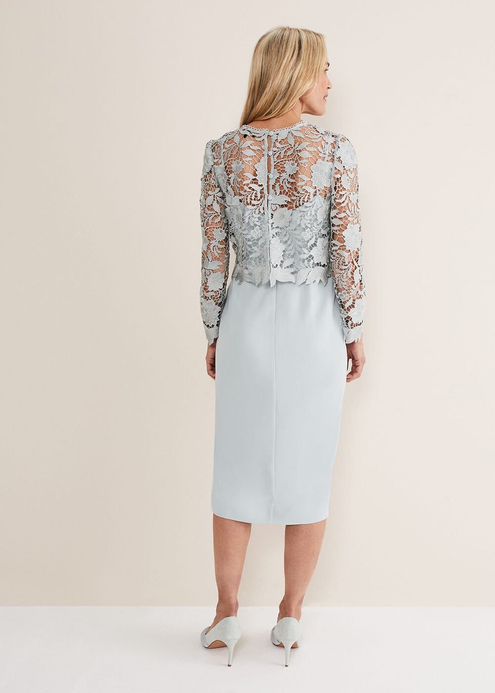 Light Blue Lace Overlay Pencil Dress - Eau De Nil