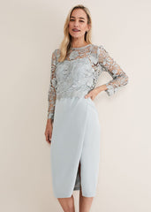 Light Blue Lace Overlay Pencil Dress - Eau De Nil