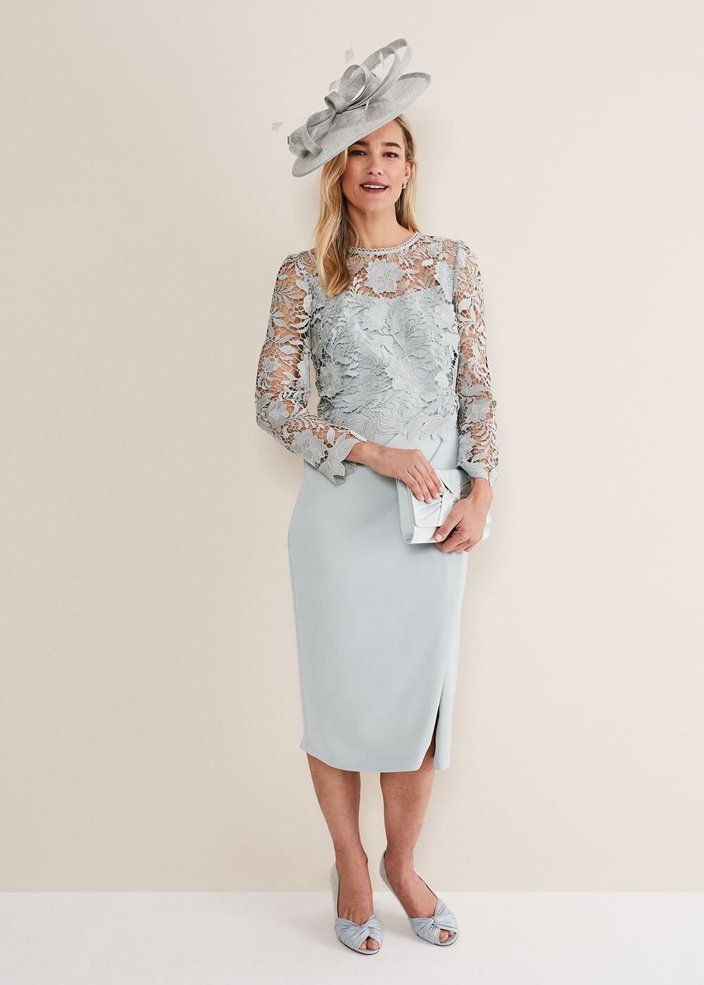 Light Blue Lace Overlay Pencil Dress - Eau De Nil