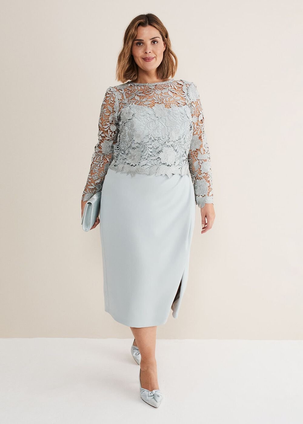 Light Blue Lace Overlay Pencil Dress - Eau De Nil