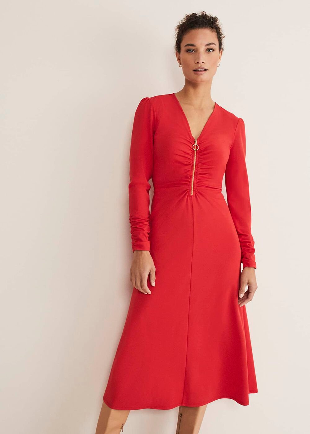 Irisa Zip Ruched Midi Dress - Red