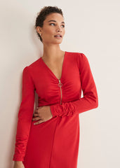 Irisa Zip Ruched Midi Dress - Red