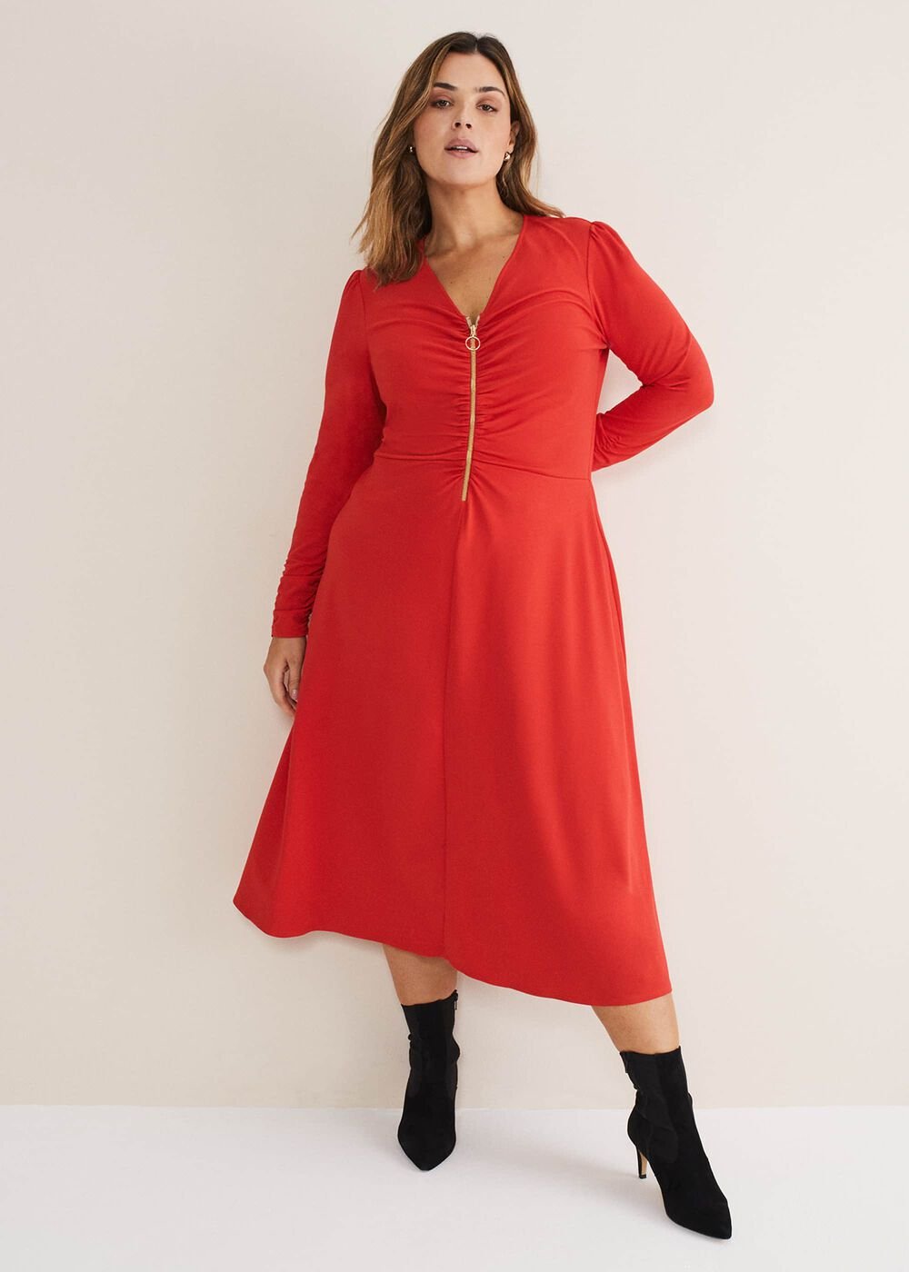 Irisa Zip Ruched Midi Dress - Red