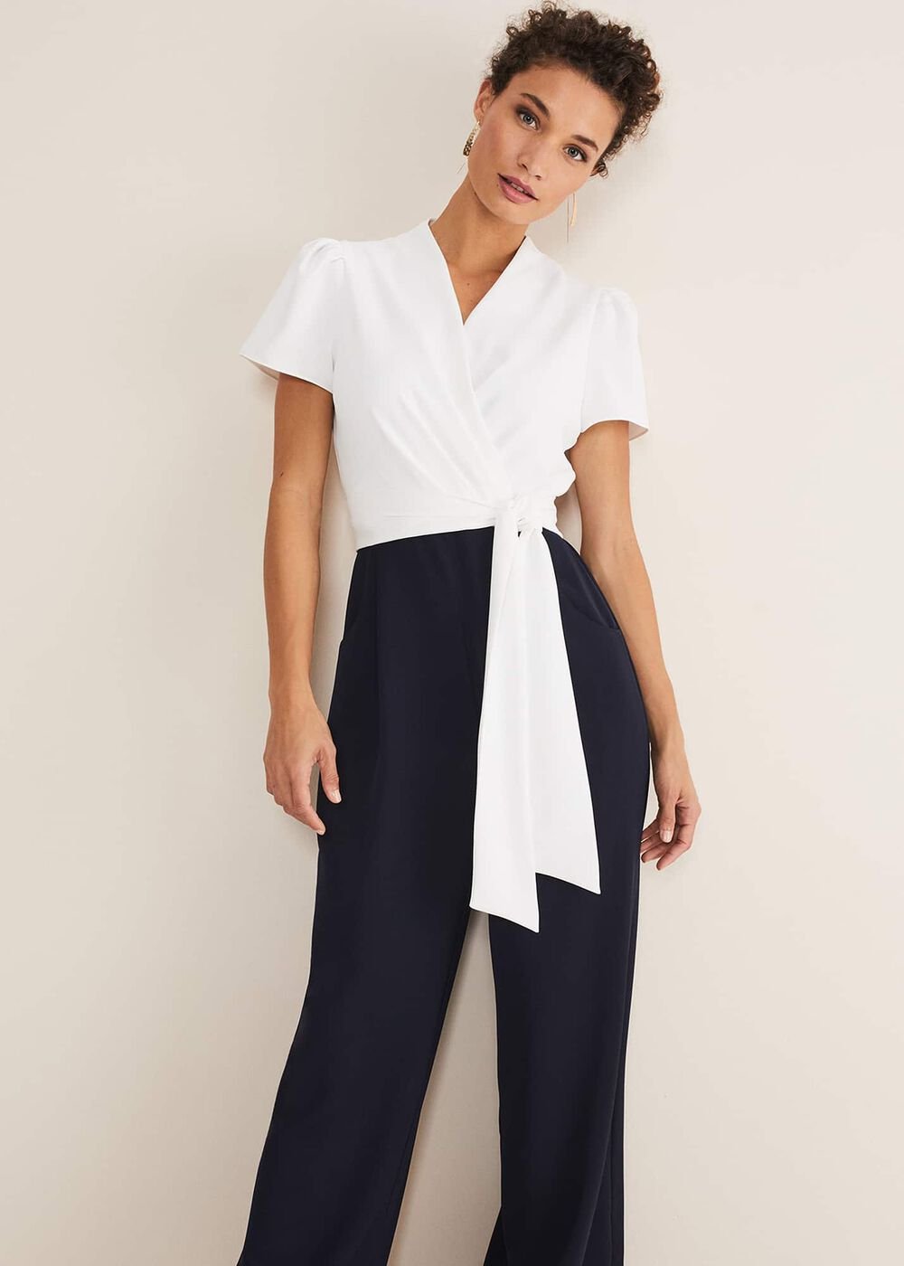 Eloise Wide Leg Jumpsuit - Ivory/Navy
