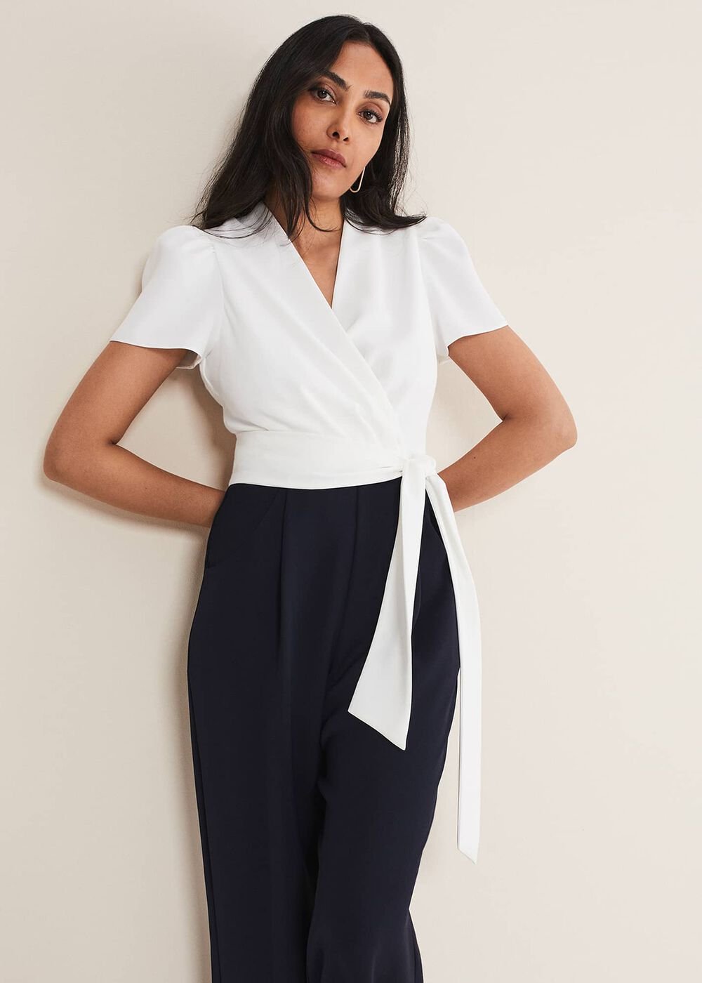 Petite Eloise Wide Leg Jumpsuit - Ivory/Navy