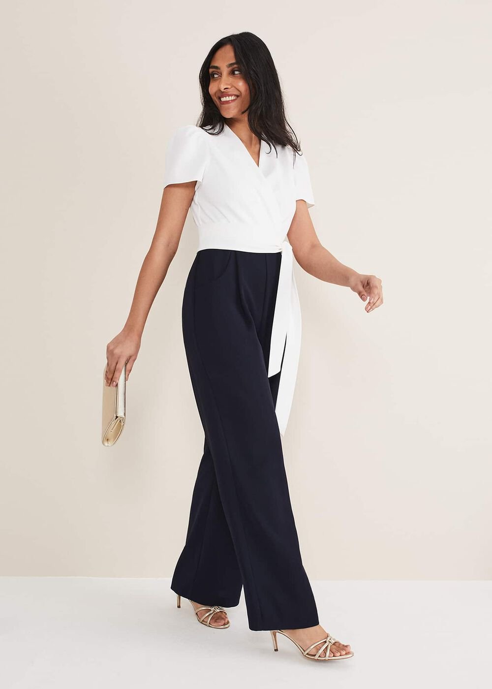 Petite Eloise Wide Leg Jumpsuit - Ivory/Navy