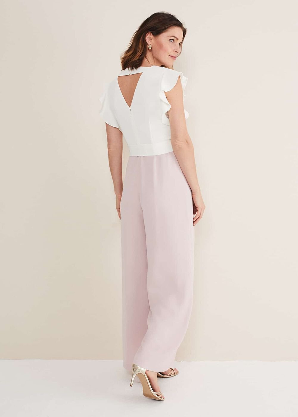 Kallie V Neck Frill Jumpsuit - Antique Rose/Ivory