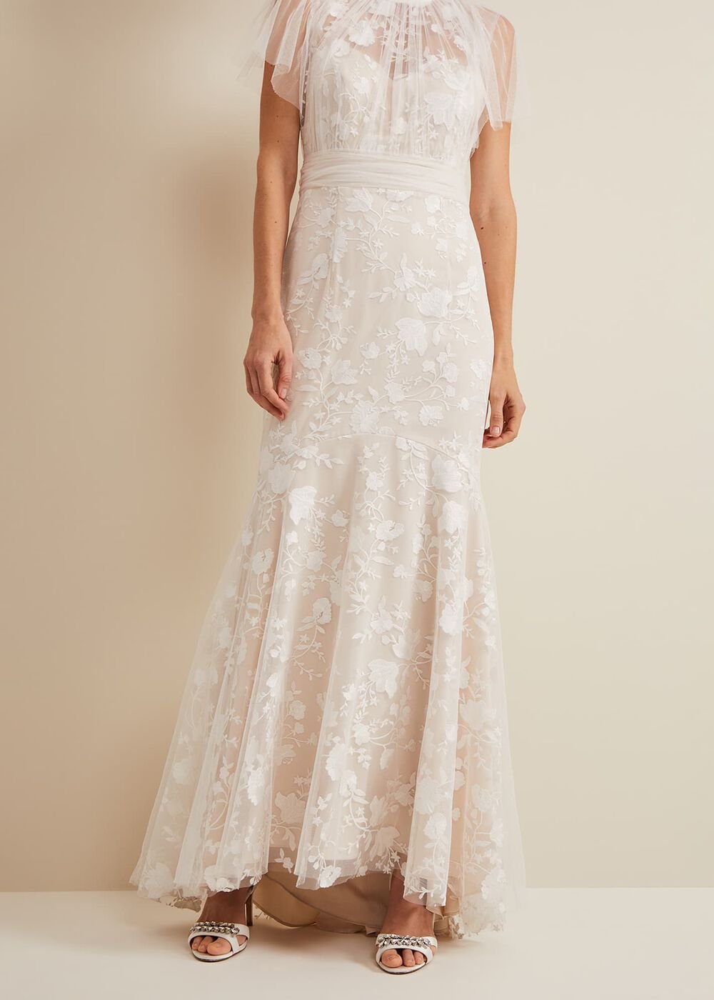 Delilah Mesh Embroidered Maxi Wedding Dress - Parchment