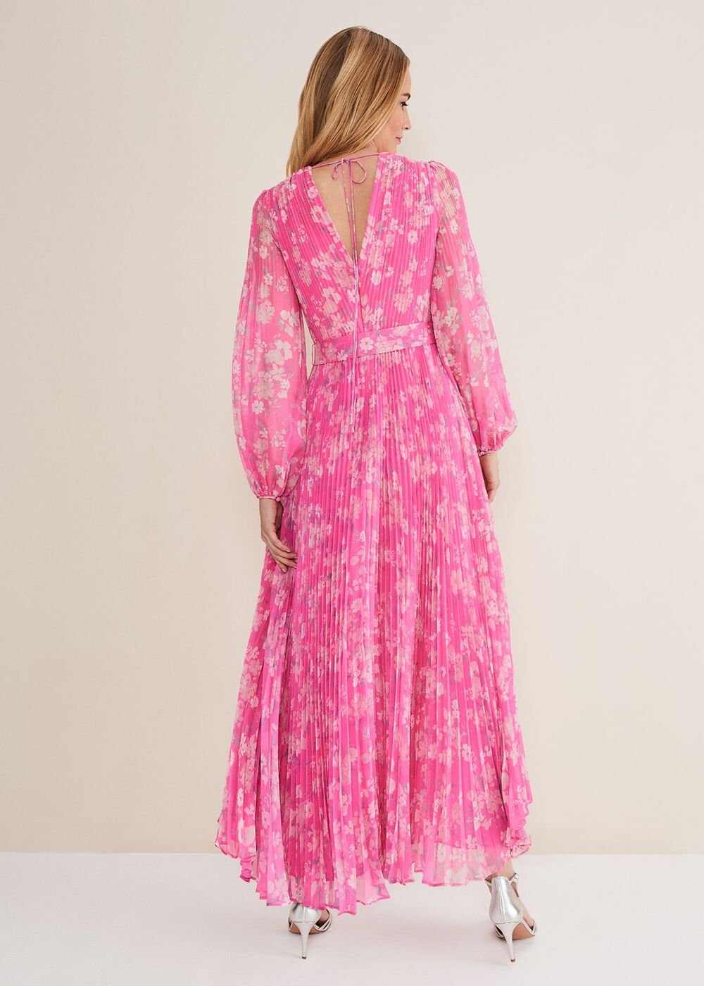 Neon Pink Floral Pleated Maxi Dress - Neon Pink