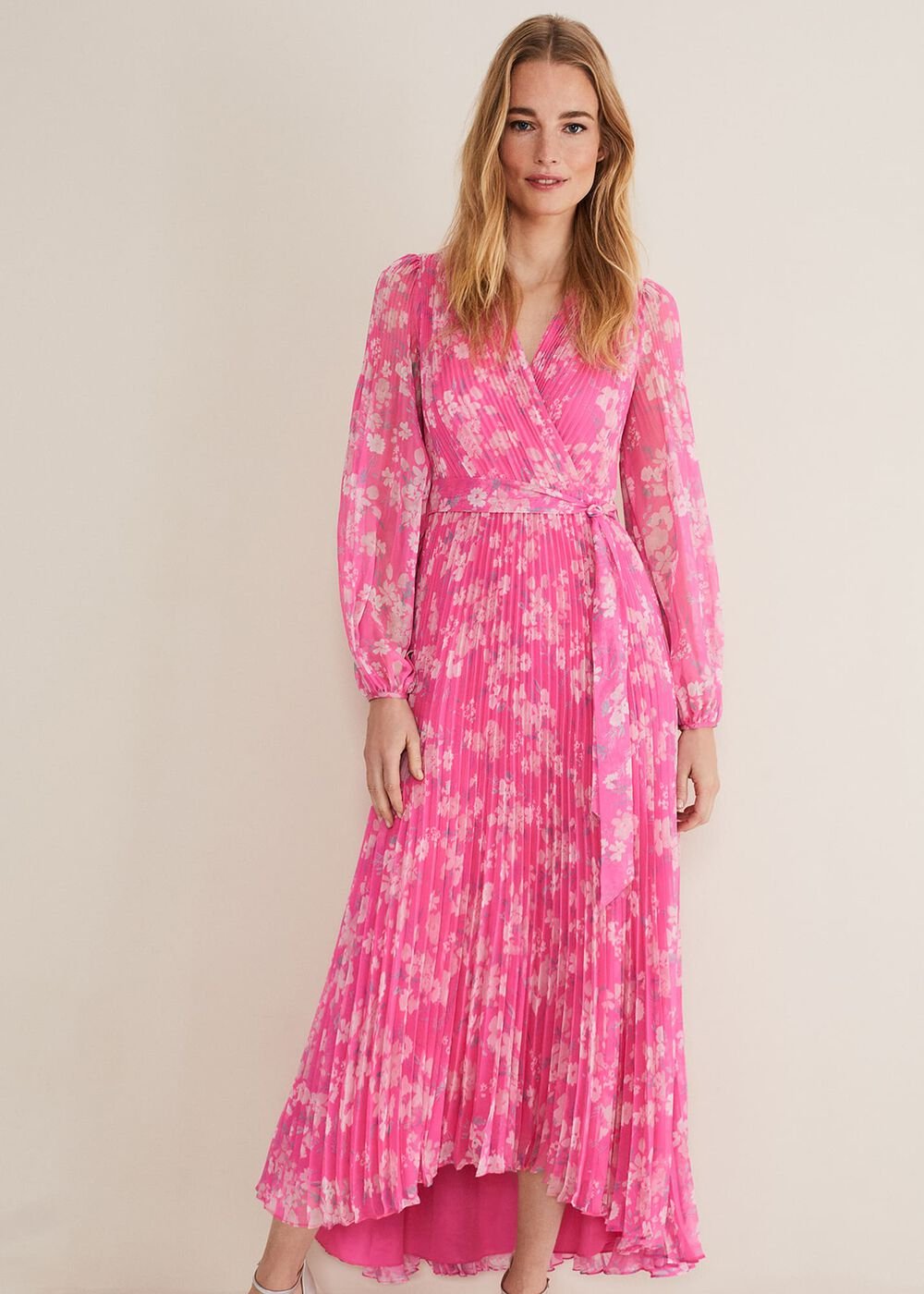 Neon Pink Floral Pleated Maxi Dress - Neon Pink