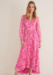 Neon Pink Floral Pleated Maxi Dress - Neon Pink