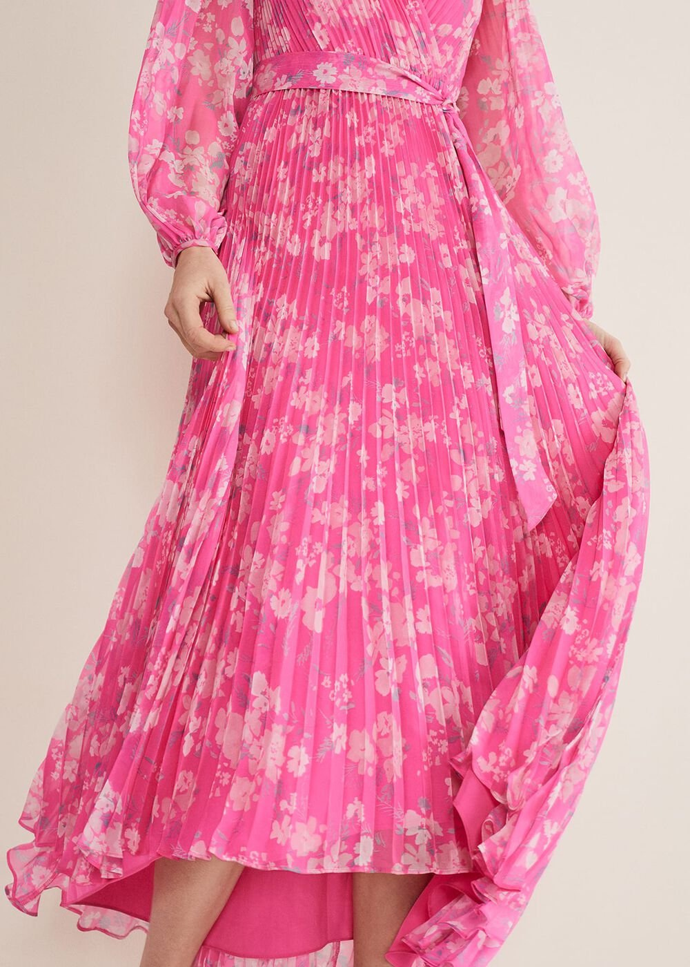 Neon Pink Floral Pleated Maxi Dress - Neon Pink