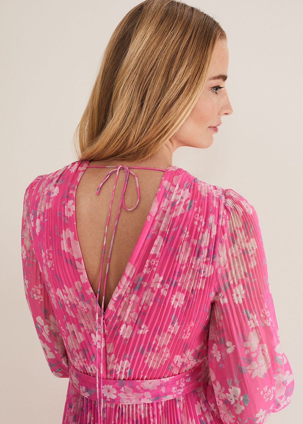 Neon Pink Floral Pleated Maxi Dress - Neon Pink