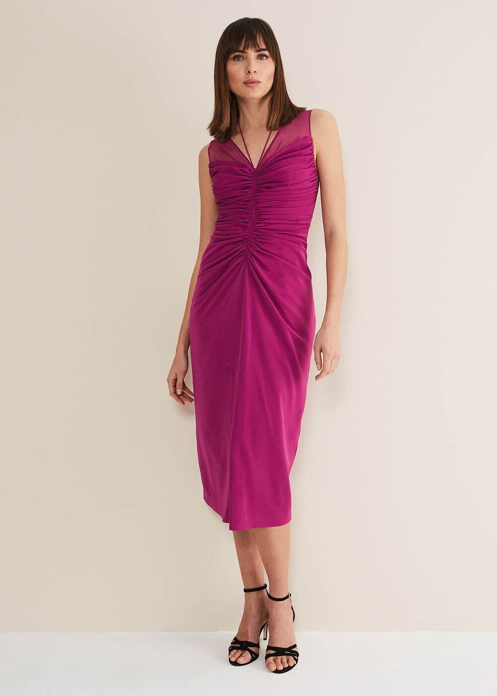 Leah Ruched Midi Dress - Magenta