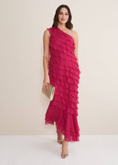 Kelsey Layered One Shoulder Maxi Dress - Fuschia
