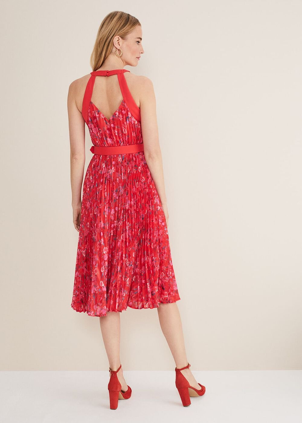 Zoya Pleat Midi Floral Dress - Red/Pink
