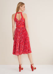 Zoya Pleat Midi Floral Dress - Red/Pink