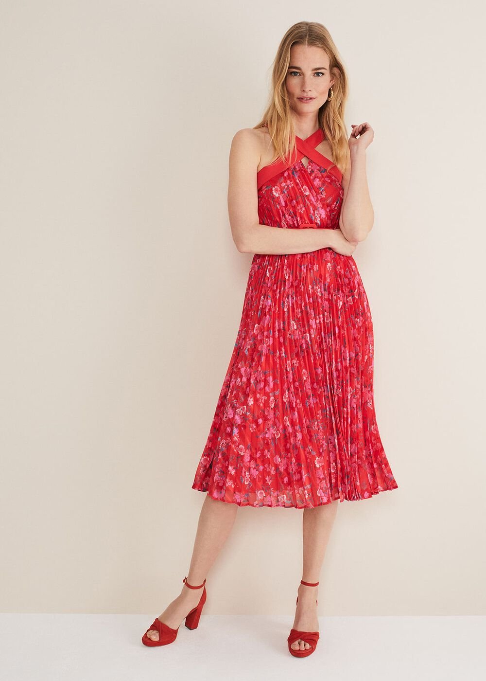 Zoya Pleat Midi Floral Dress - Red/Pink