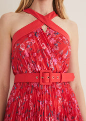 Zoya Pleat Midi Floral Dress - Red/Pink