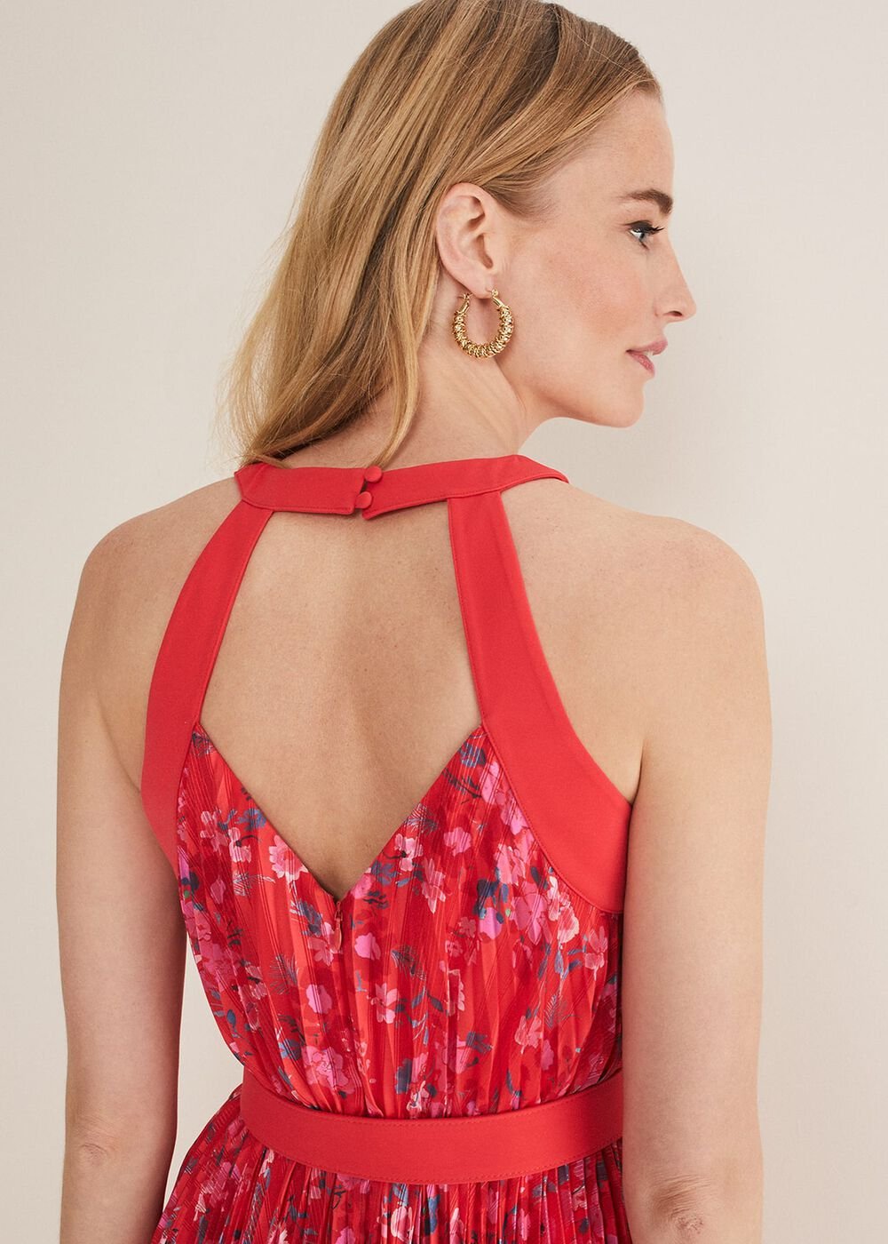 Zoya Pleat Midi Floral Dress - Red/Pink
