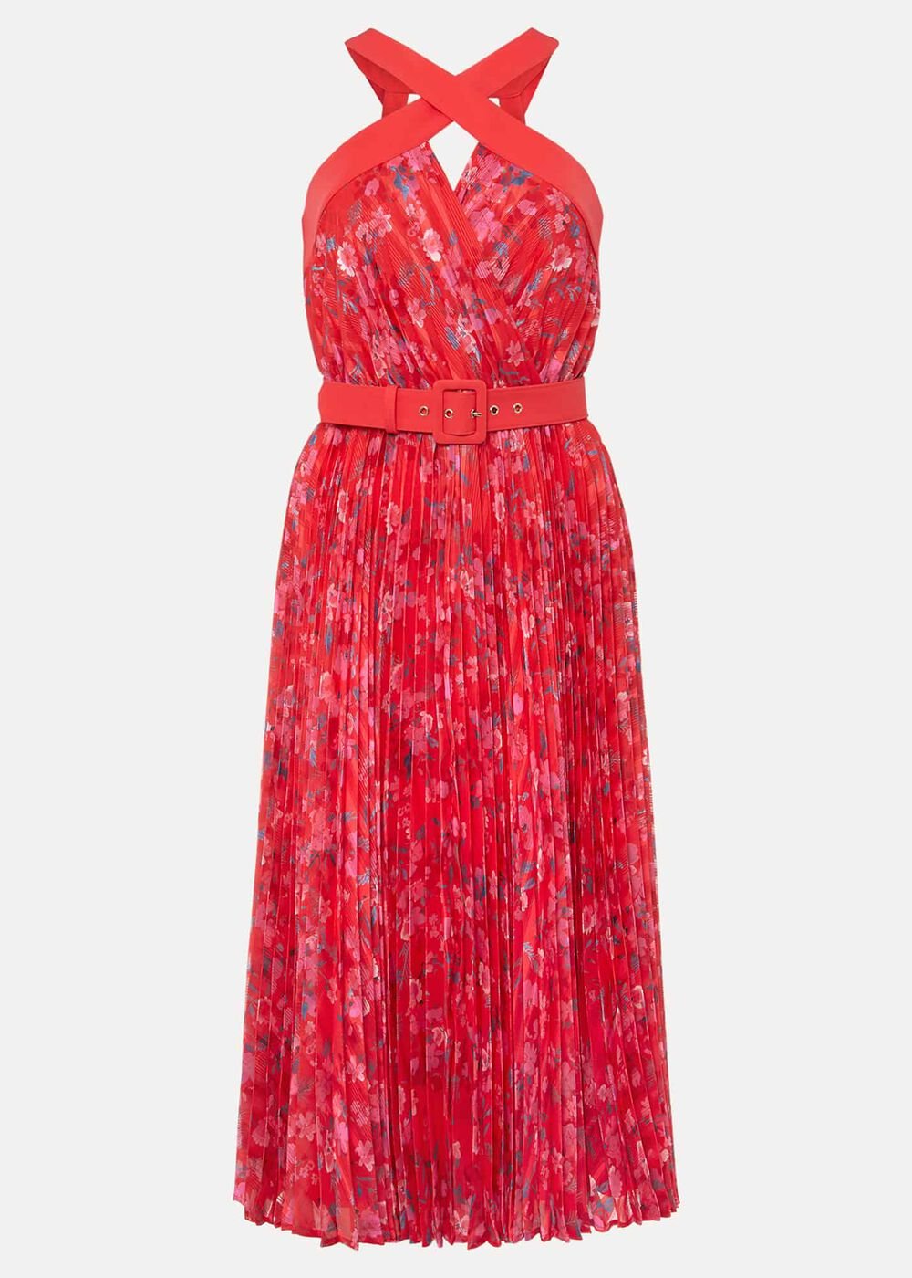 Zoya Pleat Midi Floral Dress - Red/Pink