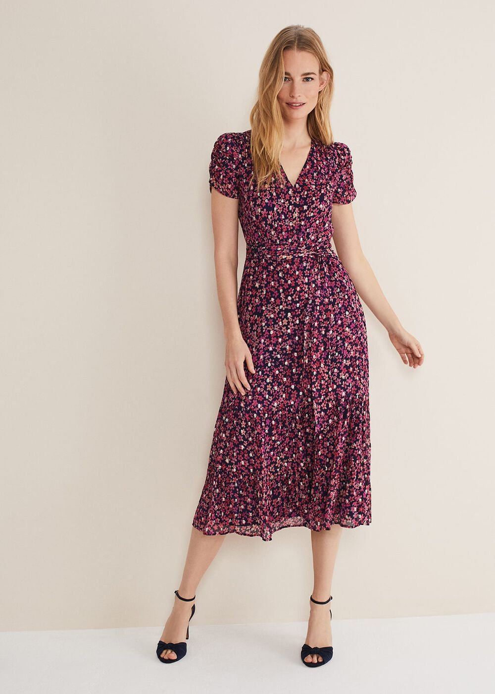 Azalea Ditsy Short Sleeve Midi Dress - Pink/Multi