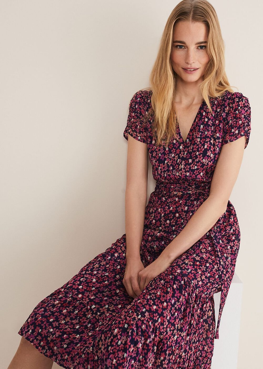 Azalea Ditsy Short Sleeve Midi Dress - Pink/Multi