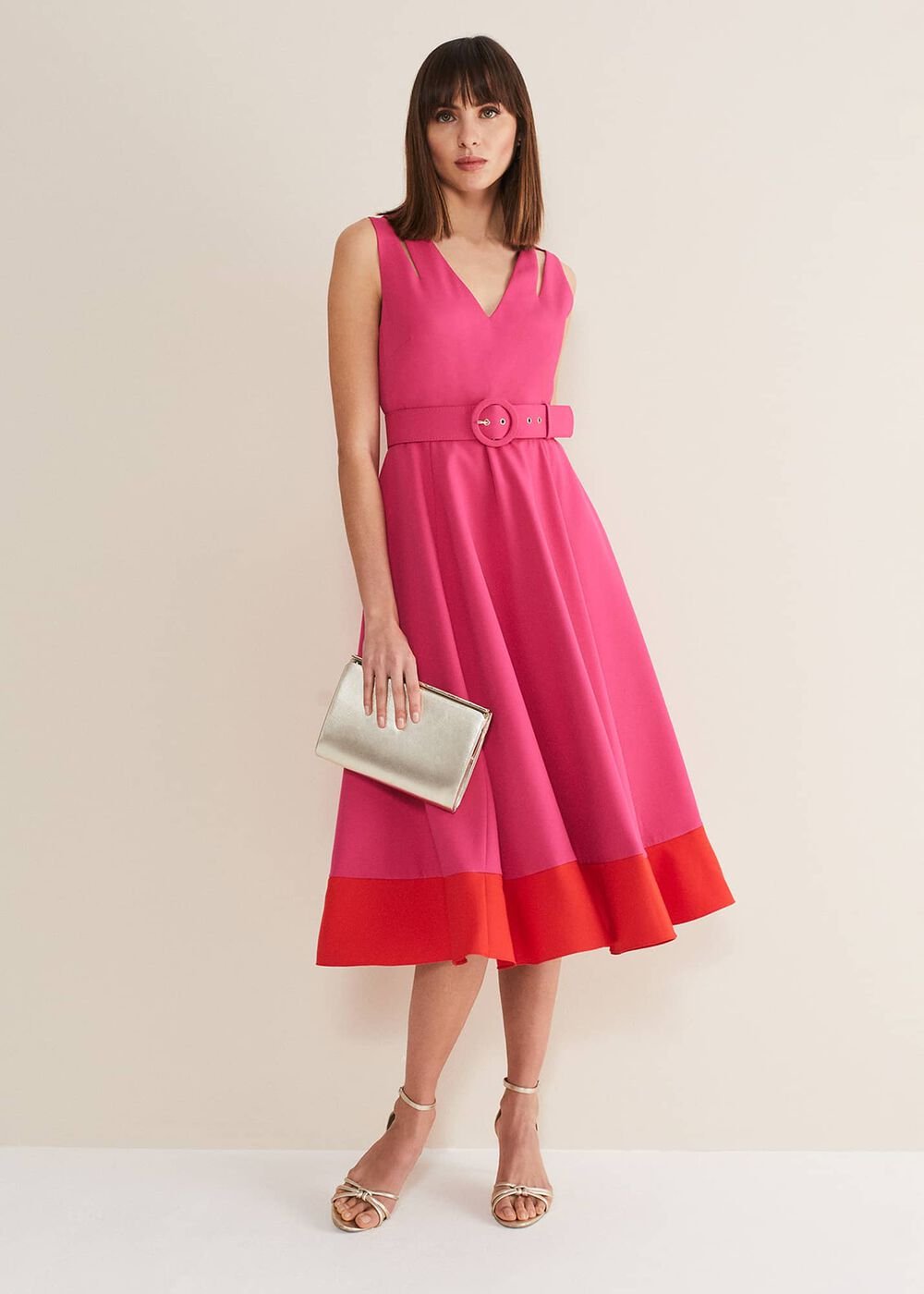 Raquel Belted Fit And Flare Dress - Fuchsia/Red