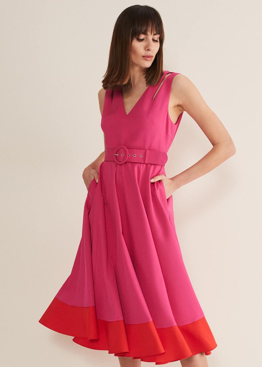 Raquel Belted Fit And Flare Dress - Fuchsia/Red