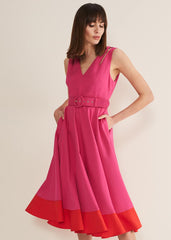 Raquel Belted Fit And Flare Dress - Fuchsia/Red