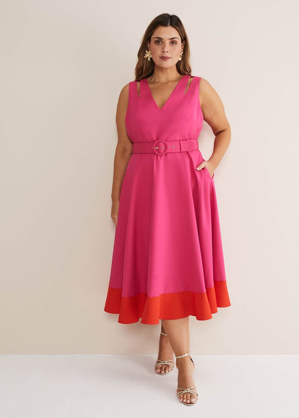Raquel Belted Fit And Flare Dress - Fuchsia/Red