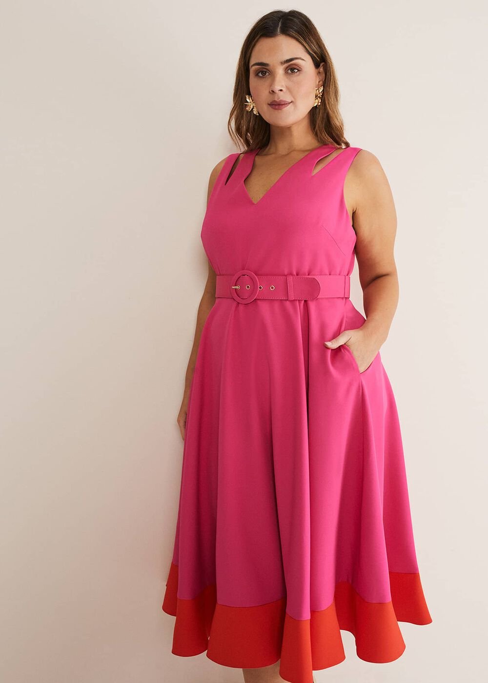 Raquel Belted Fit And Flare Dress - Fuchsia/Red