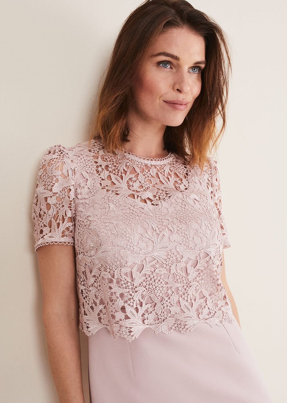 Pale Pink Midi Dress with Detachable Lace Overlay Top - Antique Rose